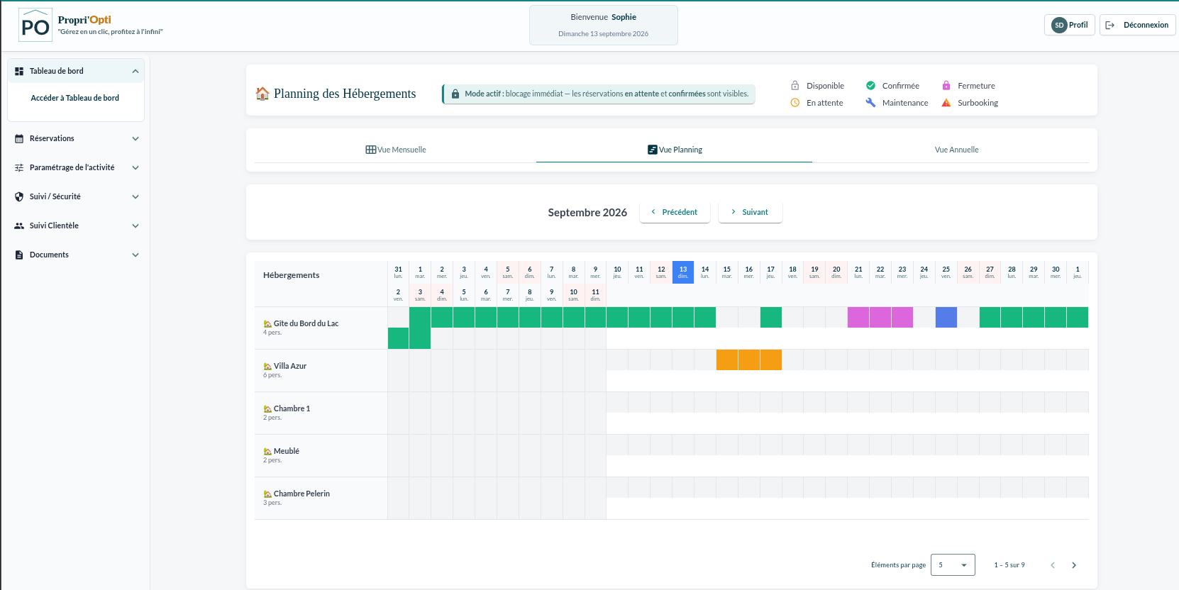 Vue planning des hébergements affichant les réservations, disponibilités, fermetures et maintenances