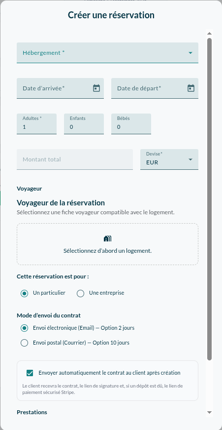Formulaire Propri’Opti de création d’une réservation avec hébergement, dates et voyageur