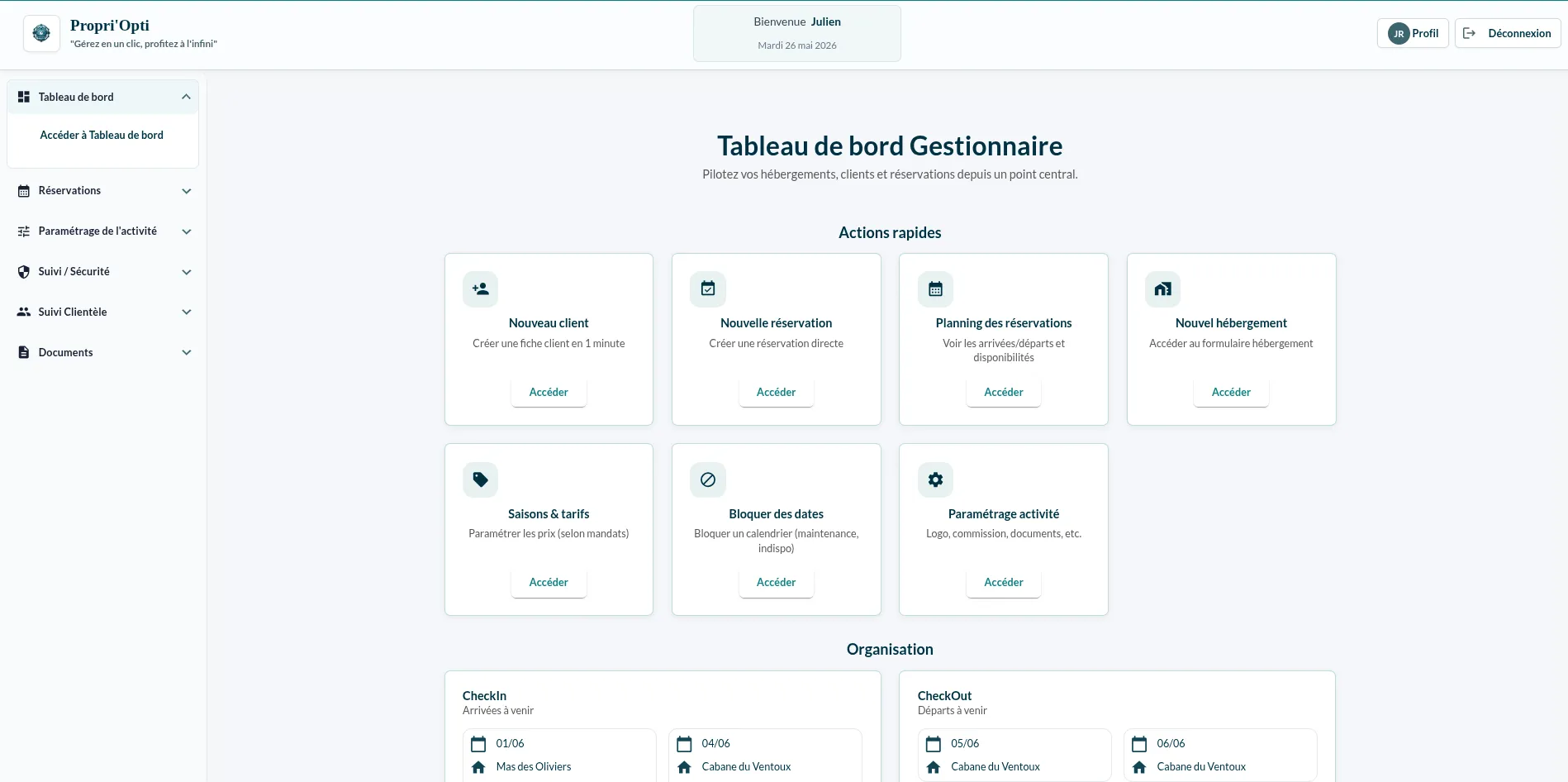 Tableau de bord Propri'Opti pour suivre l'activité des hébergements
